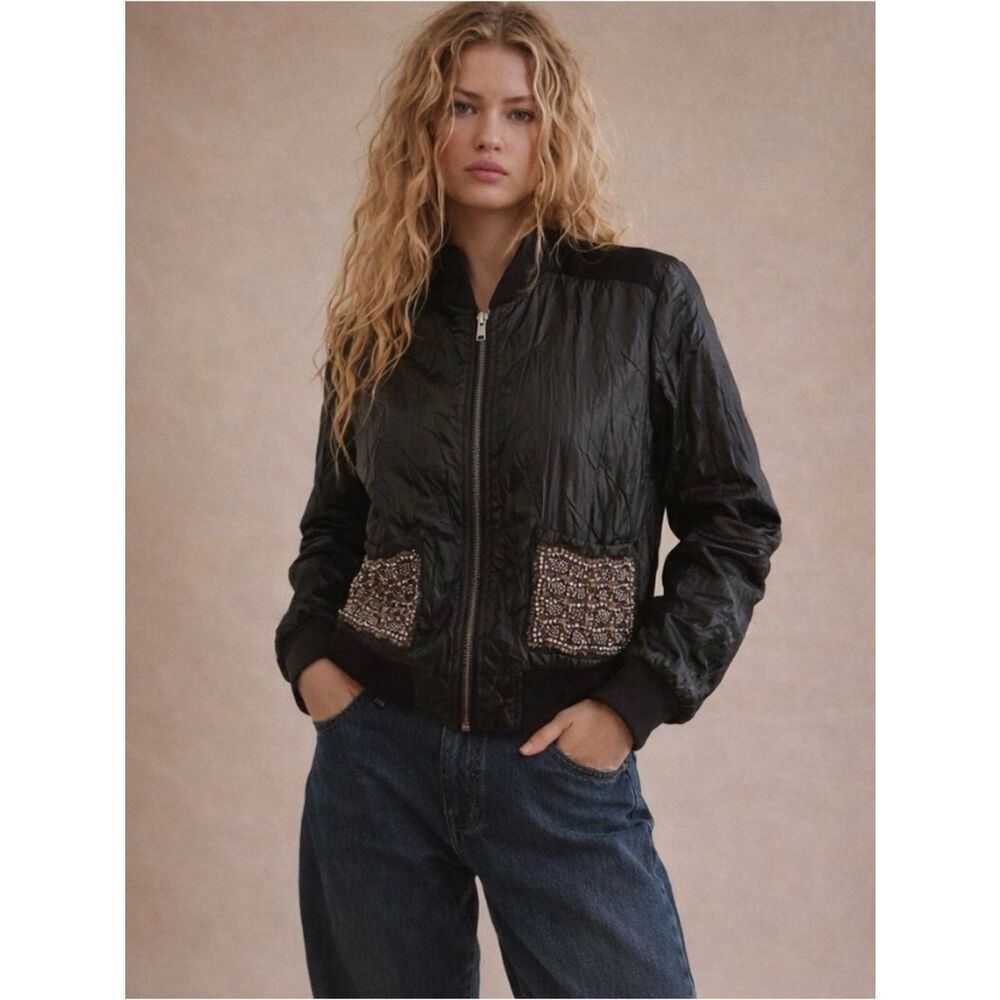Miss Me Black Metallic Beaded Moto Vegan Leather Jacket